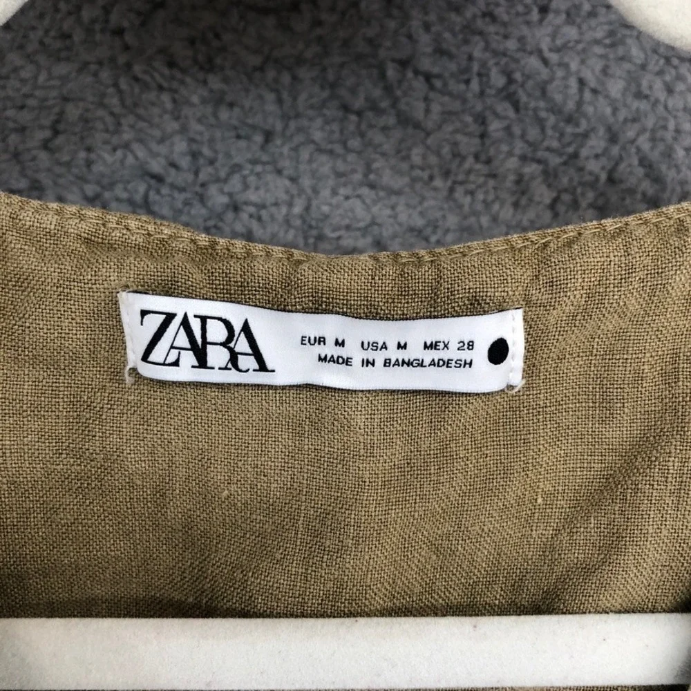 Zara Vest and Pants Set Womens S M Khaki Green Linen Blend Two Piece Co-ord